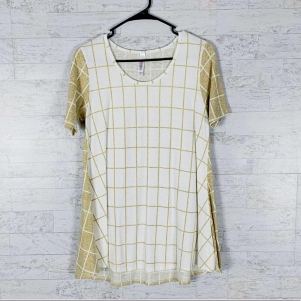 Lularoe Perfect T short sleeve tunic swing top window pane gold tan white